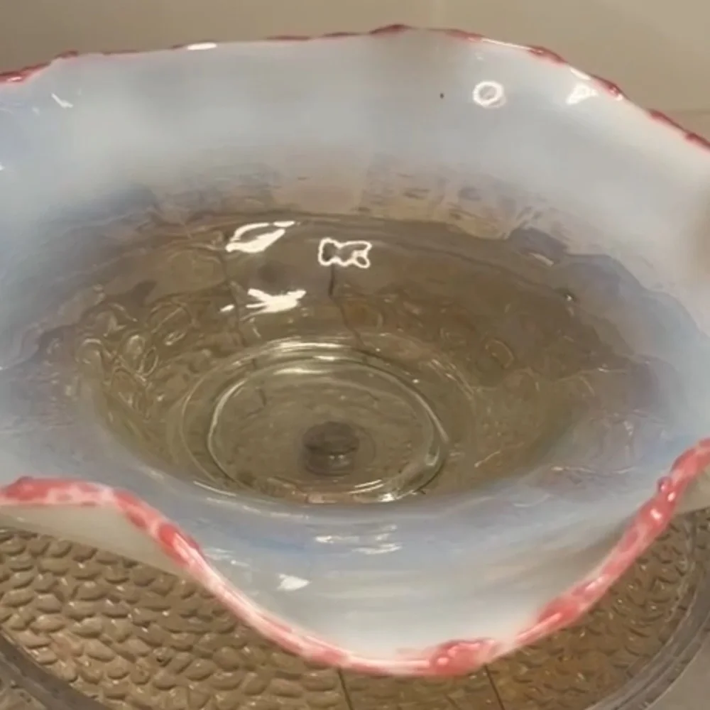 Pair Antique Cranberry Frit Moonstone Paneled Bowl Jefferson Glass Fancy Fantail